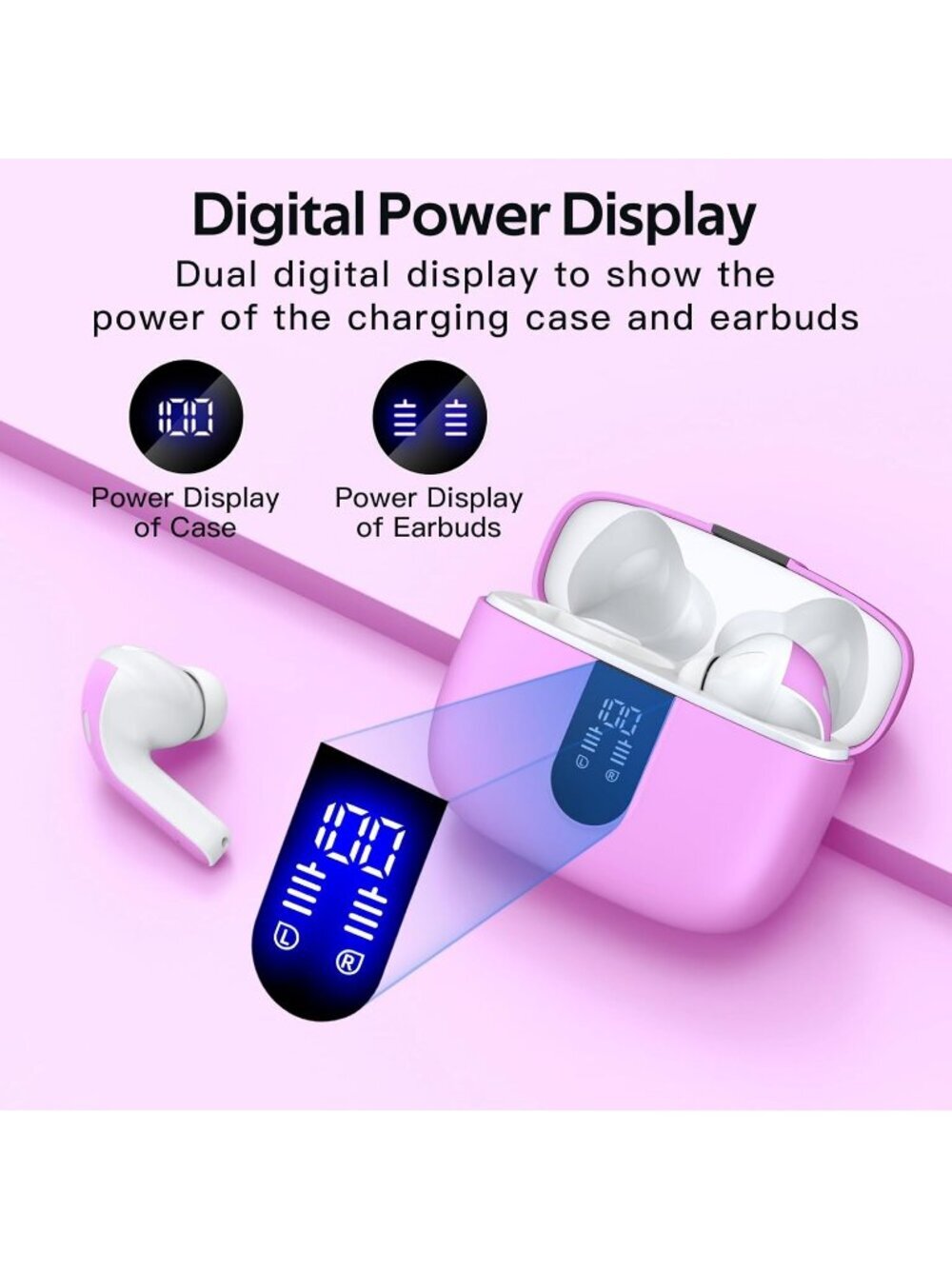 Wireless Sunset Pink 60H Playback LED Power Display Waterproof Bluetooth Earbud - Picture 2 of 6